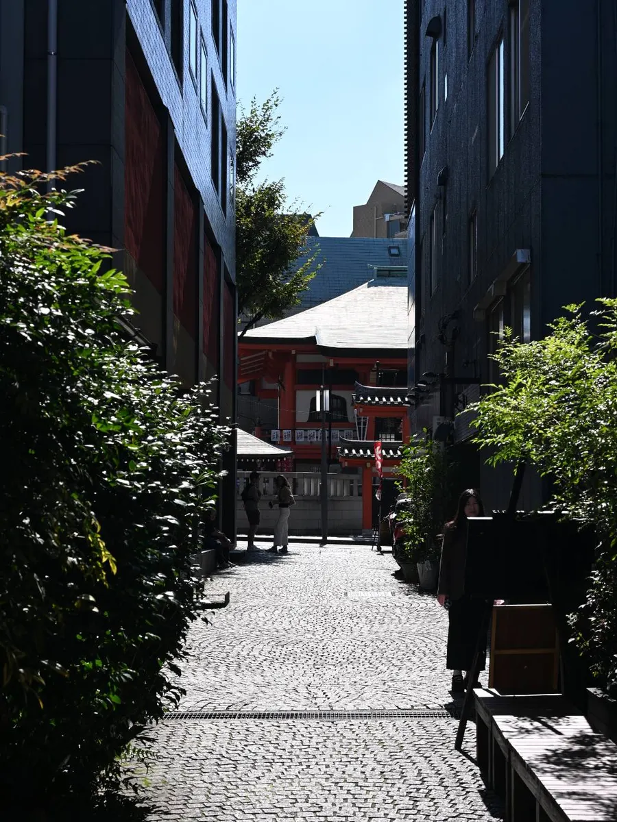 石畳の路地の先に見える神社